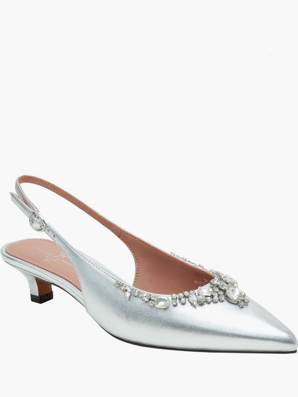 Línea Paolo Leather Silver Crystal-Embellished Slingback Kitten Heel.